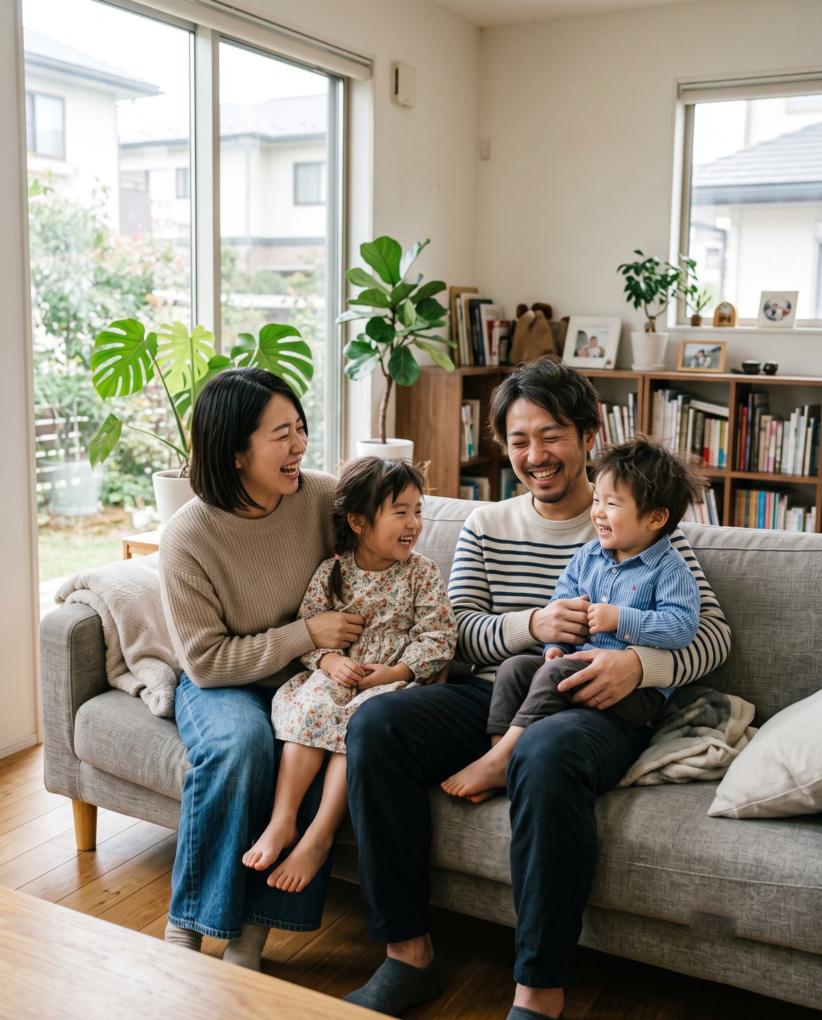 モダンな住まいのリビングでくつろぐ家族
