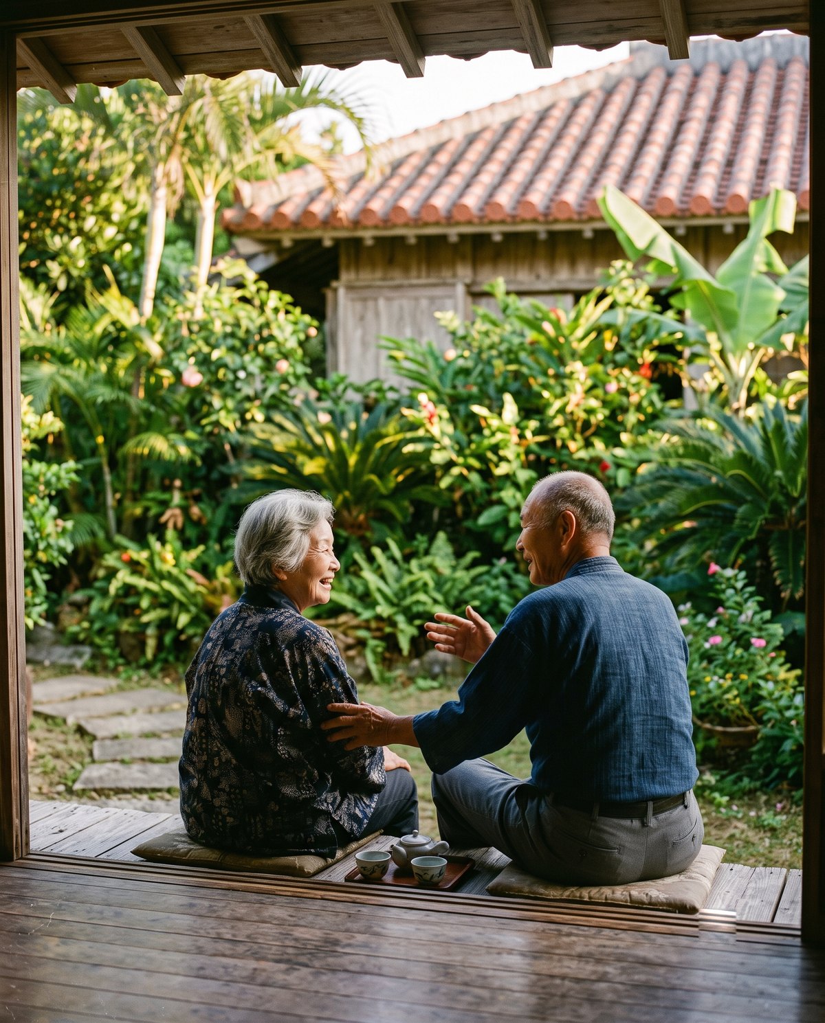 沖縄・赤瓦の家の縁側で語らう老夫婦