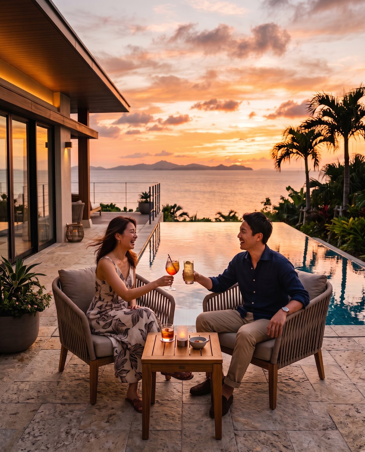 海を望むテラスで夕暮れを楽しむ夫婦